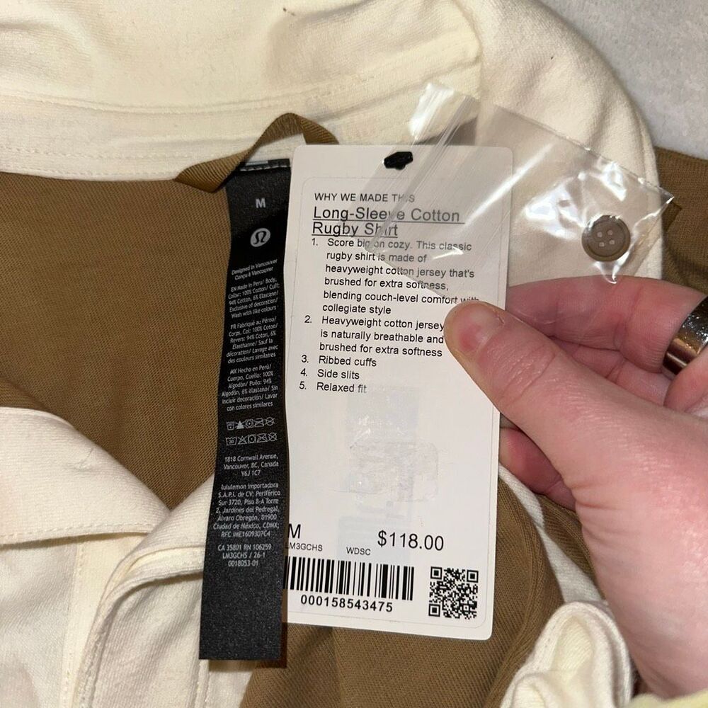 Lululemon Men’s Medium Long Sleeve Cotton Rugby Shirt Tan and Cream Stripes NWT - Picture 5 of 8